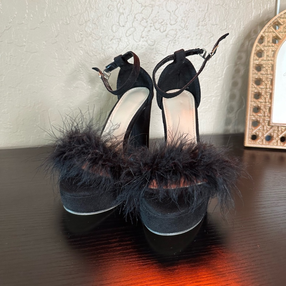 Feather Plush Ankle Strap Chunky Heels